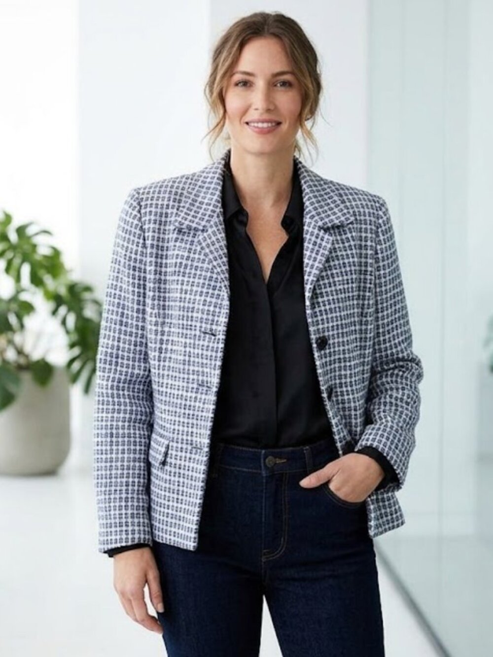 B. Moss Plaid Blazer Jacket Women's Size 6 Blue Plaid Lined